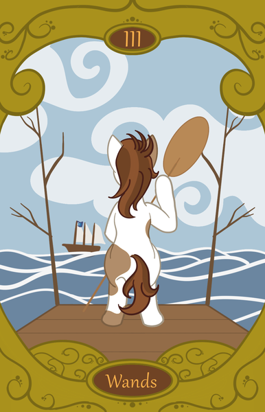 Size: 900x1400 | Tagged: safe, artist:sixes&sevens, derpibooru import, pipsqueak, facing away, image, oar, ocean, older, older pipsqueak, pier, png, ship, tarot card, three of wands, water