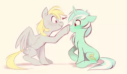 Size: 3309x1936 | Tagged: safe, artist:imalou, derpibooru import, derpy hooves, lyra heartstrings, pegasus, pony, unicorn, 4chan, boop, cute, daaaaaaaaaaaw, derpabetes, drawthread, duo, image, jpeg, lyrabetes