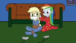 Size: 1280x720 | Tagged: safe, artist:bugssonicx, artist:sonicrock56, derpibooru import, applejack, rainbow dash, human, equestria girls, animated, appledash, bet, blinking, bondage, bound and gagged, cloth gag, clothes, female, footed sleeper, footie pajamas, gag, grin, image, laughing, lesbian, muffled words, onesie, otn gag, over the nose gag, pajamas, rope, rope bondage, shipping, sleepover, slumber party, smiling, struggling, tied up, video game, webm