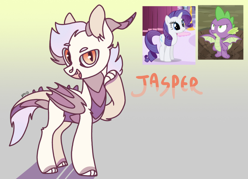 Size: 2257x1628 | Tagged: safe, artist:caramelbolt24, derpibooru import, rarity, spike, oc, oc:jasper, dracony, dragon, hybrid, pony, unicorn, bat wings, claw hooves, dragon wings, ear fluff, female, gradient background, horn, horns, image, interspecies offspring, jpeg, looking up, male, mare, offspring, open mouth, parent:rarity, parent:spike, parents:sparity, screencap reference, shipping, smiling, sparity, straight, winged spike, wings