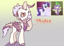 Size: 2257x1628 | Tagged: safe, artist:caramelbolt24, derpibooru import, rarity, spike, oc, oc:jasper, dracony, dragon, hybrid, pony, unicorn, bat wings, claw hooves, dragon wings, ear fluff, female, gradient background, horn, horns, image, interspecies offspring, jpeg, looking up, male, mare, offspring, open mouth, parent:rarity, parent:spike, parents:sparity, screencap reference, shipping, smiling, sparity, straight, winged spike, wings
