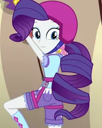Size: 864x1080 | Tagged: safe, derpibooru import, edit, edited screencap, editor:mycarhasamoustache, screencap, rarity, equestria girls, legend of everfree, alternate hairstyle, camp everfree outfits, cropped, female, harness, helmet, image, looking at you, png, ponytail, smile edit, solo, tack