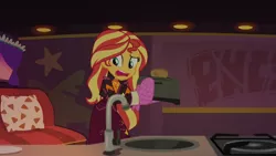 Size: 1334x750 | Tagged: safe, derpibooru import, sunset shimmer, equestria girls, equestria girls series, sunset's backstage pass!, spoiler:eqg series (season 2), bread, food, image, oven mitts, png, shocked, toast, toaster