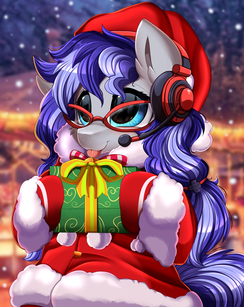 Size: 2550x3209 | Tagged: safe, artist:pridark, derpibooru import, part of a set, oc, oc:cinnabyte, pony, :p, adorable face, blue eyes, christmas, commission, cute, glasses, hat, headset, high res, holding, holiday, image, older, png, present, santa hat, solo, teenager, tongue out, ych result