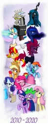 Size: 1605x4096 | Tagged: safe, artist:ringteam, derpibooru import, applejack, discord, fluttershy, pinkie pie, princess celestia, princess luna, queen chrysalis, rainbow dash, rarity, spike, sunset shimmer, tempest shadow, twilight sparkle, twilight sparkle (alicorn), alicorn, changeling, changeling queen, draconequus, dragon, earth pony, pegasus, unicorn, equestria girls, my little pony: the movie, apple, book, broken horn, cake, death note, female, food, happy birthday mlp:fim, horn, image, jpeg, magic, mane seven, mane six, mlp fim's tenth anniversary, quill, royal sisters, scroll, siblings, sisters, telekinesis