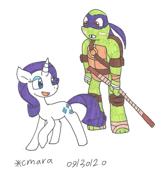 Size: 1306x1446 | Tagged: safe, artist:cmara, derpibooru import, rarity, anthro, pony, turtle, unicorn, bandana, bo staff, donatello, eyeshadow, female, image, jpeg, makeup, male, mare, open mouth, raised hoof, simple background, tape, teenage mutant ninja turtles, tmnt 2012, traditional art, white background