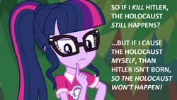 Size: 1280x720 | Tagged: safe, derpibooru import, edit, screencap, sci-twi, twilight sparkle, equestria girls, equestria girls series, the road less scheduled, spoiler:eqg series (season 2), holocaust, image, insane troll logic, png, solo, wat