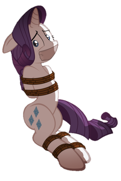 Size: 501x745 | Tagged: safe, artist:radiantrealm, derpibooru import, edit, rarity, pony, unicorn, background removed, bondage, bound and gagged, female, floppy ears, gag, image, looking at you, mare, png, rope, rope bondage, shrunken pupils, simple background, solo, tape, tape gag, tied up, transparent background