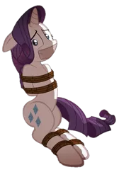 Size: 501x745 | Tagged: safe, artist:radiantrealm, derpibooru import, edit, rarity, pony, unicorn, background removed, bondage, bound and gagged, female, floppy ears, gag, image, looking at you, mare, png, rope, rope bondage, shrunken pupils, simple background, solo, tape, tape gag, tied up, transparent background
