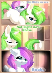 Size: 800x1131 | Tagged: safe, artist:alphadesu, derpibooru import, oc, oc:minty root, oc:snow kicker, unofficial characters only, pegasus, pony, unicorn, comic:sisterly love, comic, female, fluffy, image, mare, png, siblings