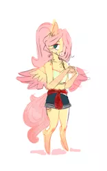 Size: 1000x1600 | Tagged: safe, artist:lilingratenasty, derpibooru import, fluttershy, anthro, pegasus, pony, unguligrade anthro, clothes, female, heart hands, image, mare, png, ponytail, shorts, simple background, solo, sweater around waist, tanktop, white background