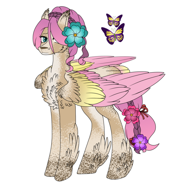 Size: 1280x1280 | Tagged: safe, artist:mischievousartist, derpibooru import, fluttershy, deer, deer pony, hybrid, original species, pegasus, peryton, pony, alternate design, chest fluff, colored wings, deerified, feathered fetlocks, female, flower, flower in hair, flutterdeer, image, mare, png, simple background, solo, species swap, transparent background, wings