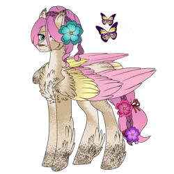 Size: 1280x1280 | Tagged: safe, artist:mischievousartist, derpibooru import, fluttershy, deer, deer pony, hybrid, original species, pegasus, peryton, pony, alternate design, chest fluff, colored wings, deerified, feathered fetlocks, female, flower, flower in hair, flutterdeer, image, mare, png, simple background, solo, species swap, transparent background, wings