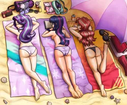 Size: 2700x2250 | Tagged: suggestive, artist:king-kakapo, derpibooru import, starlight glimmer, sunset shimmer, twilight sparkle, human, ass, barefoot, beach, beach babe, beach towel, beach umbrella, book, bra, breasts, bunset shimmer, butt, clothes, commission, eyes closed, feet, female, glimmer glutes, humanized, image, lying down, overhead view, panties, partial nudity, png, prone, radio, reading, string panties, sunbathing, sunglasses, topless, towel, trio, trio female, twibutt, umbrella, underwear