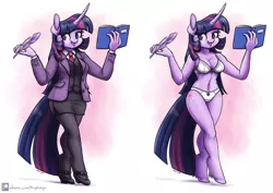 Size: 3200x2270 | Tagged: suggestive, artist:king-kakapo, derpibooru import, twilight sparkle, anthro, pony, unguligrade anthro, unicorn, book, bra, breasts, clothes, curved horn, female, hoof shoes, horn, image, jacket, lingerie, looking at you, mare, necktie, panties, png, quill pen, ribbon, shirt, simple background, skirt, skirt suit, smiling, solo, suit, underwear, unicorn twilight, vest, white background, white underwear