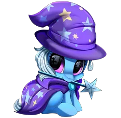 Size: 3480x3398 | Tagged: safe, artist:pridark, derpibooru import, trixie, pony, unicorn, cape, chibi, clothes, cute, diatrixes, eye reflection, female, hat, image, implied twilight sparkle, magic wand, mouth hold, png, reflection, simple background, sitting, smol, solo, transparent background, trixie's cape, trixie's hat