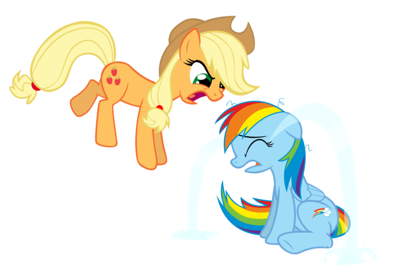 Size: 1499x999 | Tagged: source needed, safe, artist:stardustxiii, artist:thetunderstormbrony, derpibooru import, applejack, rainbow dash, earth pony, pegasus, pony, baby cakes, abuse, angry, applejack's hat, applejerk, cowboy hat, crying, dashabuse, duo, duo female, emotional abuse, eyes closed, female, furious, hat, image, open mouth, png, sadbow dash, simple background, sobbing, transparent background, vector, yelling
