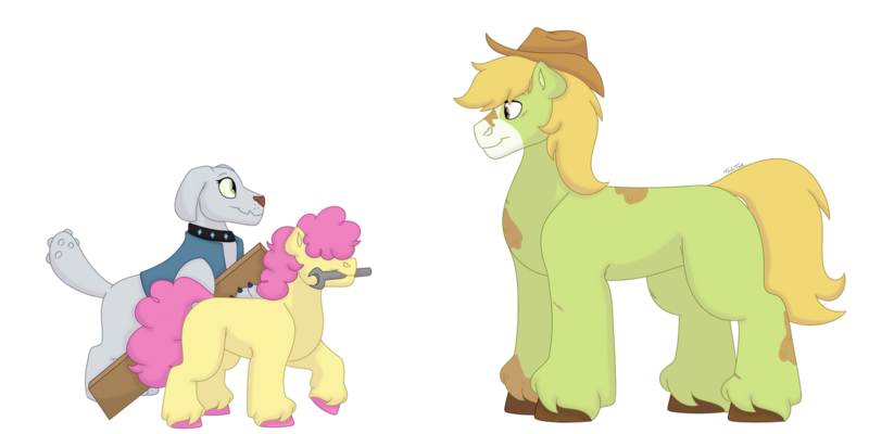 Size: 1280x640 | Tagged: safe, artist:itstechtock, derpibooru import, li'l cheese, oc, oc:ginger gold, oc:smoky quartz, diamond dog, earth pony, pony, the last problem, female, filly, image, male, mare, mouth hold, png, simple background, stallion, transparent background, wrench