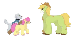 Size: 1280x640 | Tagged: safe, artist:itstechtock, derpibooru import, li'l cheese, oc, oc:ginger gold, oc:smoky quartz, diamond dog, earth pony, pony, the last problem, female, filly, image, male, mare, mouth hold, png, simple background, stallion, transparent background, wrench