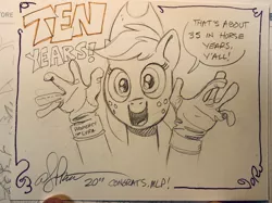 Size: 2048x1530 | Tagged: safe, artist:andypriceart, derpibooru import, applejack, lyra heartstrings, earth pony, pony, andy you magnificent bastard, anniversary, clothes, countryisms, dialogue, edi, female, gloves, hand, happy birthday mlp:fim, hat, image, implied lyra, jpeg, mare, mlp fim's tenth anniversary, pencil drawing, solo, speech bubble, that pony sure does love hands, traditional art, y'all