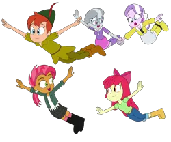 Size: 6000x5000 | Tagged: safe, artist:eagc7, derpibooru import, apple bloom, babs seed, diamond tiara, silver spoon, equestria girls, crossover, disney, equestria girls-ified, female, flying, holding hands, image, male, patreon, patreon reward, peter pan, png, scared, simple background, transparent background