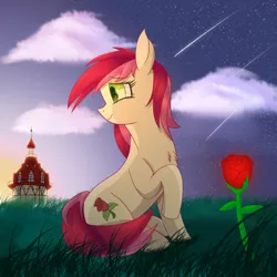 Size: 2500x2500 | Tagged: safe, artist:divifilly, derpibooru import, roseluck, earth pony, pony, flower, grass, grass field, image, png, rose, sky, solo