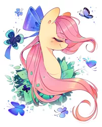 Size: 978x1218 | Tagged: safe, artist:soundwavepie, artist:xpurplepiex, derpibooru import, fluttershy, butterfly, insect, pony, bow, bust, cute, eyes closed, hair bow, image, leaves, png, portrait, profile, shyabetes