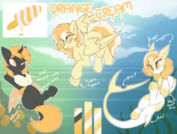 Size: 3882x2957 | Tagged: safe, artist:beardie, derpibooru import, oc, oc:orange cream, unofficial characters only, changeling, original species, pegasus, pony, shark, shark pony, commission, image, png, reference sheet, yellow changeling