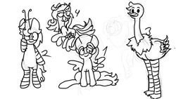 Size: 1494x840 | Tagged: safe, artist:raypanda, derpibooru import, oc, unofficial characters only, bird, ostrich, pegasus, pony, clothes, image, lineart, monochrome, pegasus oc, png, sketch, socks, striped socks, wings