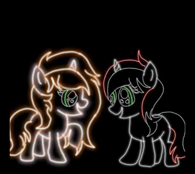 Size: 800x713 | Tagged: safe, artist:skycloud, derpibooru import, oc, oc:lanaia, oc:listfia, unofficial characters only, pony, unicorn, blank flank, female, glow, horn, image, looking at each other, neon, one hoof raised, png, siblings, sisters, twins, two toned mane, two toned tail