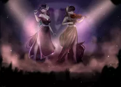 Size: 3200x2300 | Tagged: safe, artist:alicesmitt31, derpibooru import, coloratura, octavia melody, anthro, earth pony, unguligrade anthro, the mane attraction, beautiful, clothes, dress, duet, duo focus, eyes closed, female, image, musical instrument, performance, png, see-through, side slit, singing, violin