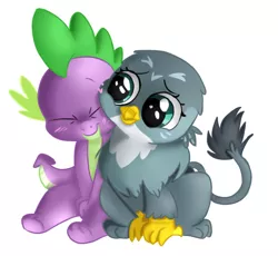 Size: 602x554 | Tagged: safe, artist:jbond, artist:tijopi, color edit, derpibooru import, edit, gabby, spike, dragon, gryphon, chibi, colored, coloring, cute, eyes closed, female, gabbybetes, image, male, painting, png, shipping, simple background, snuggling, spabby, spikabetes, straight, white background