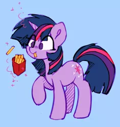 Size: 1234x1310 | Tagged: safe, artist:orchidpony, derpibooru import, twilight sparkle, pony, unicorn, blue background, cute, eating, female, food, french fries, herbivore, image, jpeg, mare, no pupils, simple background, solo, twiabetes, unicorn twilight