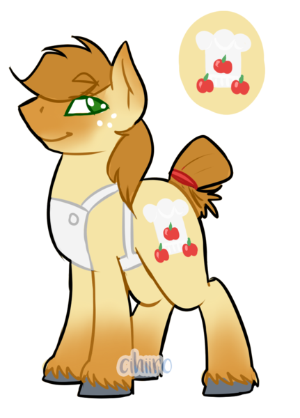 Size: 740x1031 | Tagged: safe, artist:cihiiro, derpibooru import, oc, oc:baked apple, earth pony, pony, apron, clothes, freckles, gradient hooves, image, male, offspring, parent:applejack, parent:donut joe, parents:donutjack, png, simple background, solo, stallion, transparent background, watermark