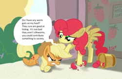 Size: 1664x1080 | Tagged: safe, artist:soshyqqq, artist:thor-disciple, derpibooru import, edit, applejack, strawberry sunrise, earth pony, pegasus, pony, honest apple, abuse, angry, apple, applejack's hat, bucket, cowboy hat, crying, duo, duo female, female, food, gritted teeth, hat, image, jackabuse, png, strawberry savage, taunting, tears of anger, teary eyes, teeth, that pony sure does hate apples, tied up