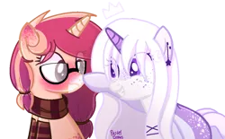 Size: 1050x650 | Tagged: safe, artist:pasteldraws, derpibooru import, oc, oc:dream-walker, oc:kay lea, pony, unicorn, accessories, base used, best friends, blushing, boop, clothes, crush, cute, ear blush, female, freckles, glasses, image, lesbian, png, scarf, simple background, socks, transparent background