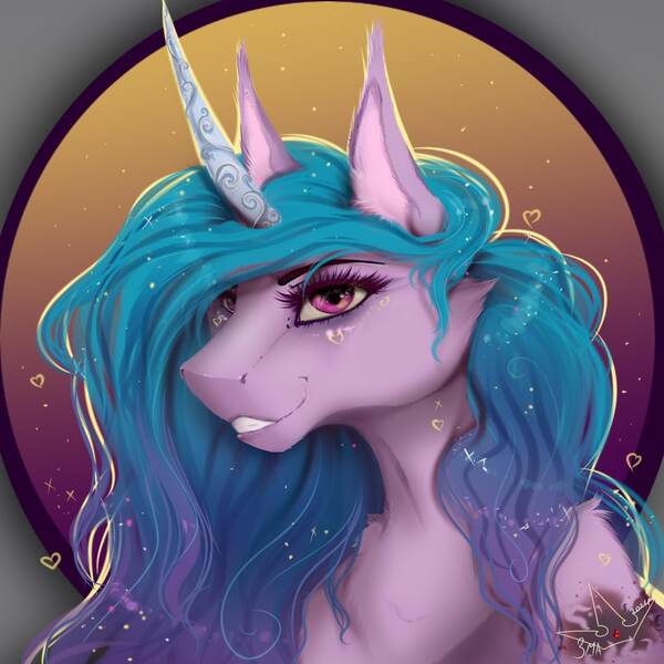 Size: 1024x1024 | Tagged: safe, artist:martazap3, derpibooru import, izzy moonbow, earth pony, pony, unicorn, abstract background, art, bust, cheek fluff, chest fluff, cutie mark, ear fluff, eyelashes, female, g5, gradient mane, grin, head only, heart, horn, image, jpeg, looking at you, mare, mlp g5, my little pony, portrait, shoulder fluff, smiling, solo