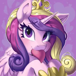 Size: 3000x3000 | Tagged: safe, artist:porcelanowyokular, derpibooru import, princess cadance, alicorn, pony, blushing, bust, crown, cute, cute little fangs, cutedance, fangs, female, heart, high res, holiday, image, jewelry, mare, mouth hold, png, regalia, smiling, solo, valentine's day