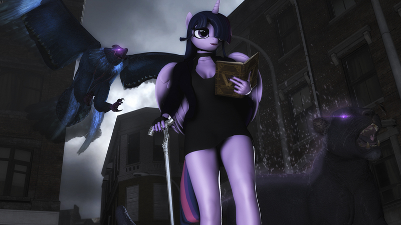 Size: 2560x1440 | Tagged: safe, artist:artempredator, derpibooru import, twilight sparkle, alicorn, anthro, bird, 3d, book, breasts, cane, cleavage, devil may cry 5, griffon (devil may cry 5), image, jpeg, shadow (devil may cry 5), solo, source filmmaker, twilight sparkle (alicorn), v (devil may cry)