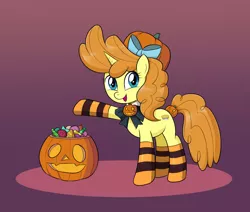 Size: 1300x1100 | Tagged: safe, artist:mew-me, derpibooru import, pumpkin cake, pony, unicorn, bow, bowtie, candy, clothes, cute, female, food, hair bow, halloween, hat, holiday, image, jack-o-lantern, jpeg, mare, nightmare night, older, older pumpkin cake, open mouth, pumpkin, pumpkin bucket, raised hoof, socks, solo, striped socks