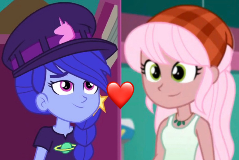 Size: 960x642 | Tagged: safe, derpibooru import, screencap, raspberry lilac, space camp (character), equestria girls, female, heart, image, jpeg, lesbian, shipping, shipping domino, spacelilac