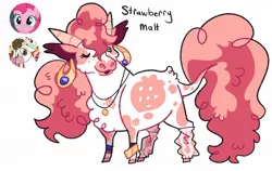 Size: 1280x809 | Tagged: safe, artist:babypaste, derpibooru import, daisy jo, pinkie pie, oc, oc:strawberry malt, hybrid, bracelet, crack ship offspring, ear piercing, earring, female, image, interspecies offspring, jewelry, jpeg, magical lesbian spawn, necklace, offspring, one eye closed, parent:daisy jo, parent:pinkie pie, piercing, screencap reference, simple background, solo, white background, wink