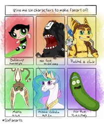 Size: 3000x3582 | Tagged: safe, artist:reverompa, derpibooru import, princess celestia, alicorn, anthro, human, pony, six fanarts, anthro with ponies, avatar the last airbender, bust, buttercup (powerpuff girls), crossover, female, grin, image, jewelry, male, mare, momo, no face, open mouth, peytral, pickle rick, png, ratchet, ratchet and clank, rick and morty, smiling, spirited away, the powerpuff girls, tiara, upside down, winged lemur