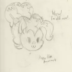 Size: 1194x1195 | Tagged: safe, derpibooru import, pinkie pie, pony, the last problem, :3, derpibooru exclusive, dialogue, happy birthday mlp:fim, image, mlp fim's tenth anniversary, older, older pinkie pie, pencil drawing, png, ponk, simple background, sketch, traditional art