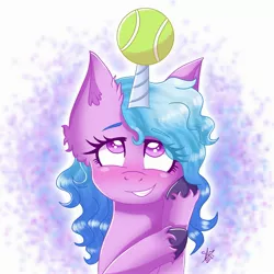 Size: 2297x2297 | Tagged: safe, artist:galaxy swirl, derpibooru import, izzy moonbow, pony, unicorn, abstract background, blushing, ear fluff, female, g5, grin, horn, horn guard, horn impalement, hornball, image, izzy's tennis ball, jpeg, looking up, mare, smiling, solo, teeth, tennis ball