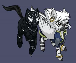 Size: 1596x1323 | Tagged: safe, artist:ameliacostanza, derpibooru import, ponified, pony, zebra, zebrasus, black panther, blue background, image, jpeg, simple background, storm (marvel comics)