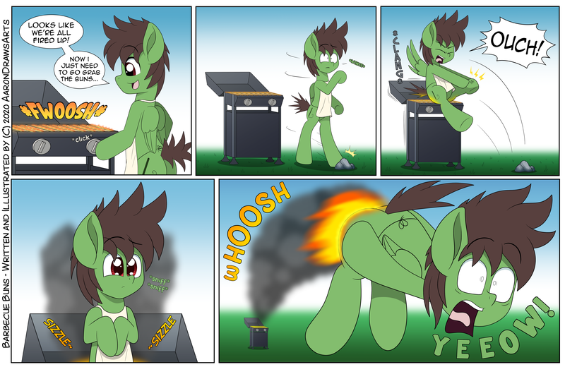 Size: 3500x2276 | Tagged: safe, artist:aarondrawsarts, derpibooru import, oc, oc:pencil sketch, pegasus, pony, bipedal, burned, burned butt, burned butt fetish, burning, butt, butt fire, cartoon violence, comic, cross-eyed, dialogue, fetish, fire, grill, image, literal butthurt, male, onomatopoeia, ouch, pain, png, sniffing