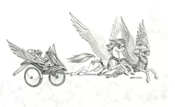 Size: 1500x916 | Tagged: safe, artist:baron engel, derpibooru import, apple bloom, oc, earth pony, pegasus, pony, chariot, female, filly, flying, goggles, image, jpeg, monochrome, pencil drawing, story included, traditional art