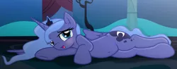 Size: 4097x1600 | Tagged: safe, artist:grapefruitface1, derpibooru import, princess luna, alicorn, pony, base used, belly button, blushing, cute, draw me like one of your french girls, female, image, looking at you, lunabetes, lying down, png, prone, s1 luna, solo