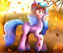 Size: 3600x3000 | Tagged: safe, artist:pizzavioletgirl, derpibooru import, izzy moonbow, pony, unicorn, bracelet, chest fluff, female, g5, glowing horn, grin, high res, horn, image, jewelry, jpeg, leaves, mare, raised hoof, signature, smiling, solo, teeth, tree, unshorn fetlocks